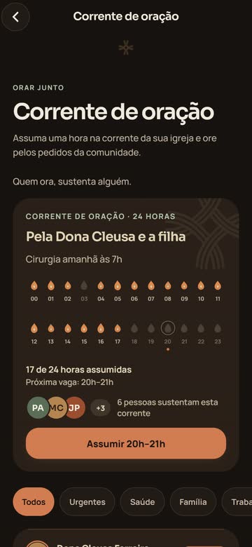 Tela Corrente de oração da igreja: “Pela Dona Cleusa e a filha”, 17 de 24 horas assumidas, 6 pessoas sustentando a corrente e o botão para assumir a próxima hora.