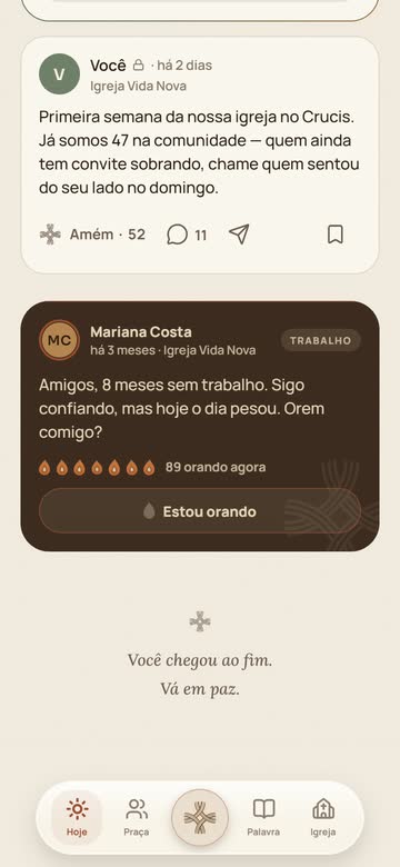 O fim do feed da tela Hoje: depois da última publicação, a pequena cruz e a frase “Você chegou ao fim. Vá em paz.”
