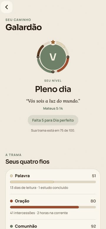 Tela Galardão: o anel dos quatro fios, o nível “Pleno dia”, o versículo Mateus 5:14, “Falta 5 para Dia perfeito” e a trama em 75 de 100.