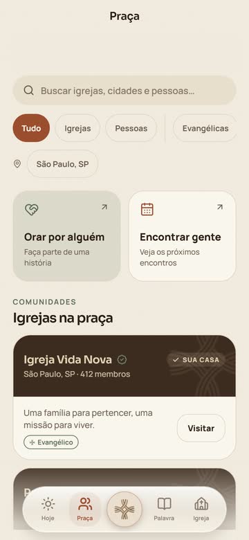 Prévia da Praça, que abre quando mais igrejas estiverem no Crucis: busca por igrejas, cidades e pessoas, os atalhos “Orar por alguém” e “Encontrar gente”, e a Igreja Vida Nova em “Igrejas na praça”.