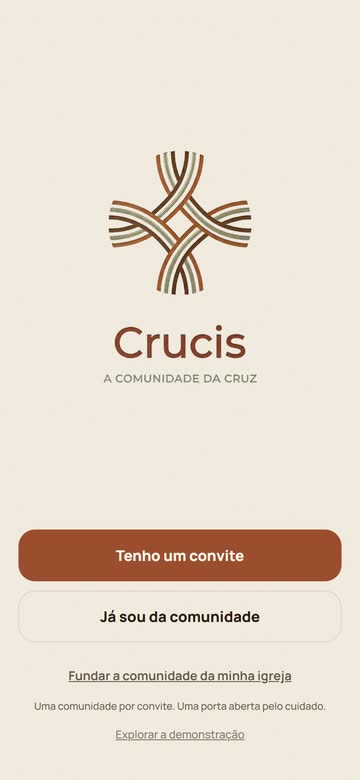 Tela de entrada do app com a logo do Crucis e os botões “Tenho um convite” e “Já sou da comunidade”.